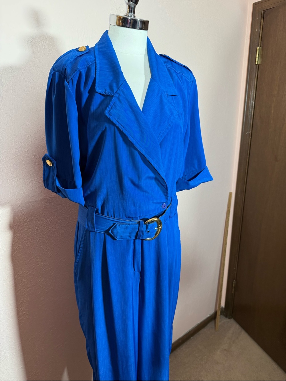 Vintage 1990’s Stuart Alan Royal blue polyester  runway belted jumpsuit large